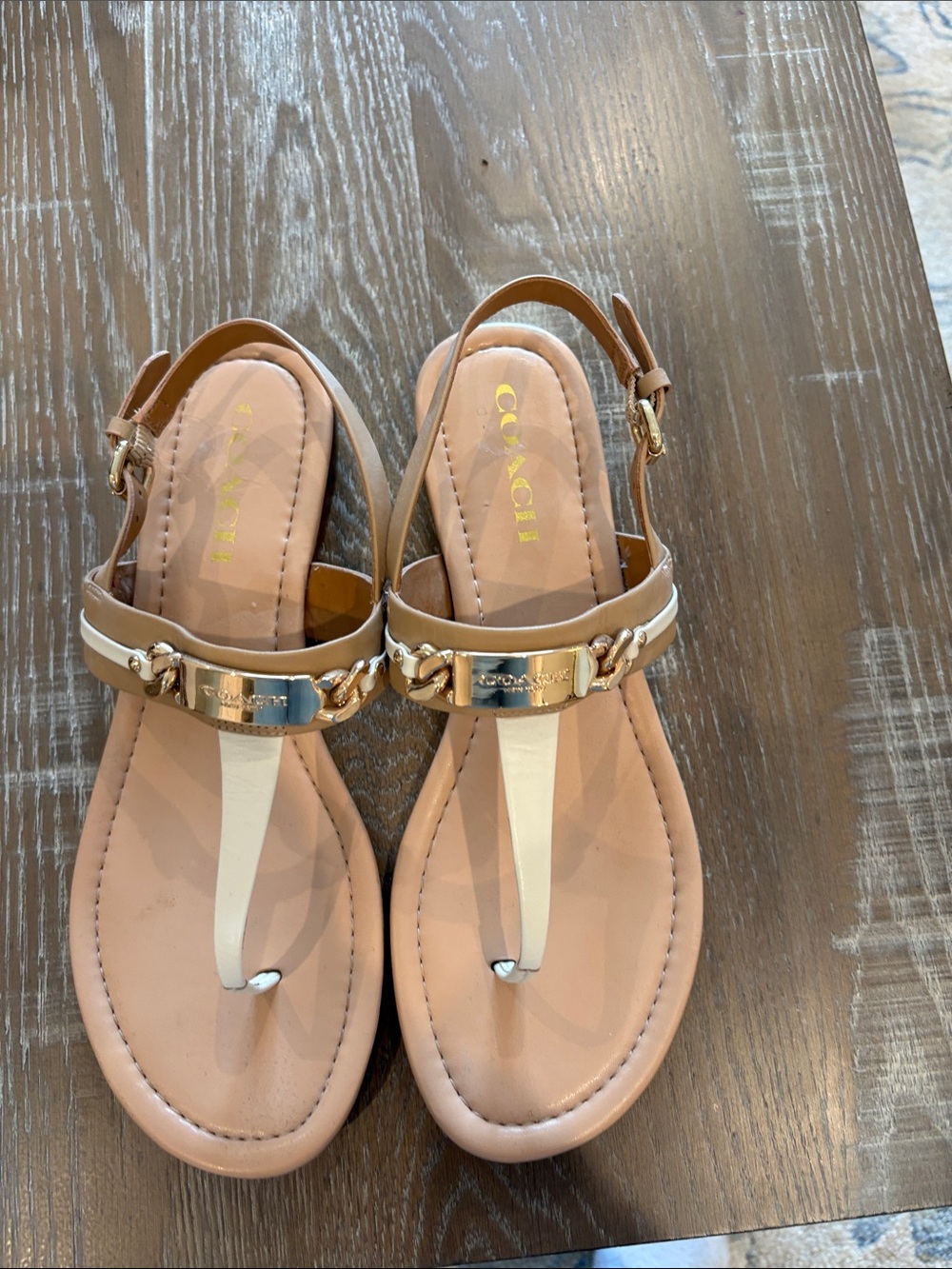 Coach White and Tan Leather Thong Sandals with Gold Hardware
